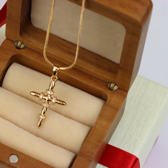 "Rose Gold Cross Pendant with CZ Ring Accents in Modern Sleek Style, XPPT1819 - Picture 5 of 13